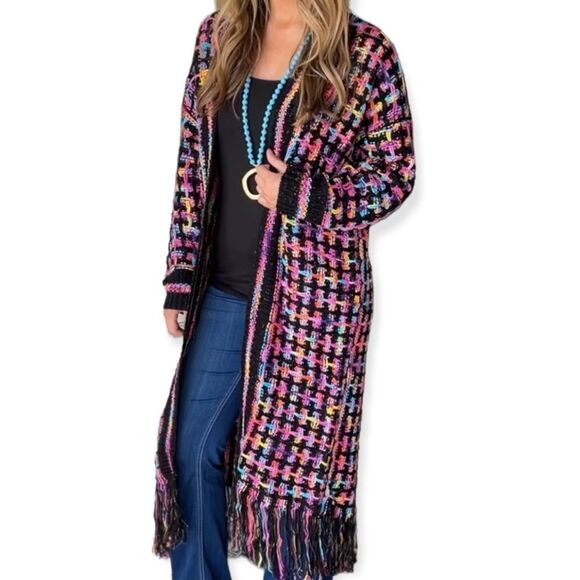 Long Sleeve Open Front Fringe Trim Patchwork Cardigan Sweater Jacket NEW - Picture 2 of 4